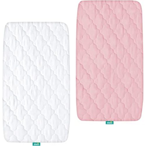 Bassinet Mattress Pad Cover, Waterproof, Fit for All Mainstream Bassinet - Rectangle,Oval,Hourglass, 2 Pack, Ultra Soft Microfiber Surface, Washer & Dryer, White and Pink