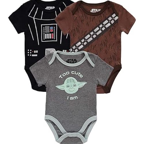 Disney Boys' Star Wars Infant Short Sleeve Onesie Bodysuits Baby Costumes Multi Pack, 3PK Grey-brown-black, 3-6 Months