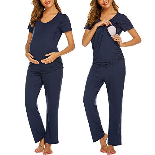 Ekouaer Women's Maternity Nursing Pajamas Set Breastfeeding Sleepwear Double Layer Short Sleeve Top & Pants Pregnancy PJS