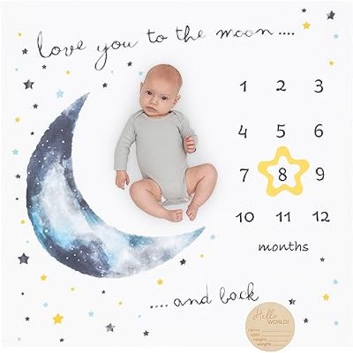 Pondering Pine Organic Baby Moon Milestone Blanket - Boy or Girl - Love You to The Moon and Back - Stars, 1-12 Months, 47'x47'