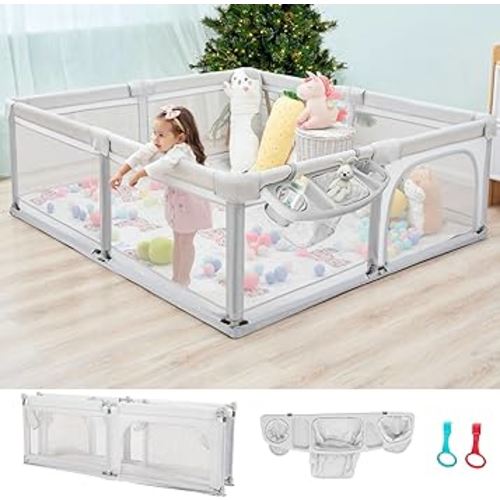 Baby Playpen Foldable 79x59 Playpen for Babies and Toddlers, Adjustable Play Pen for Toddlers 1-3 Baby Fence Baby Play Yards for Indoor & Outdoor Baby Gate Playpen with Packing Bag, Light Grey