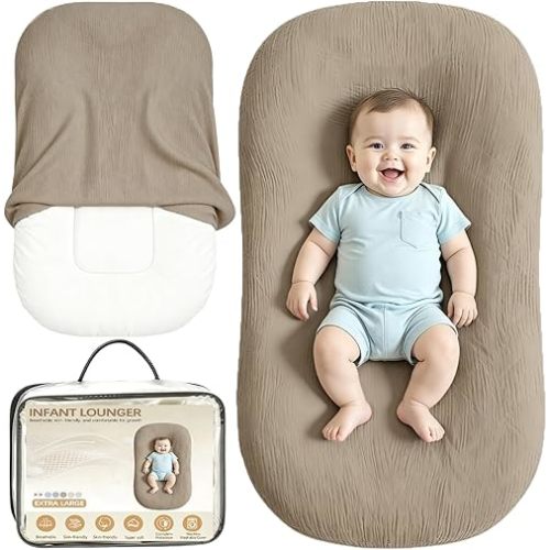 ZUKAMINI Extra Large Muslin Infant Support Cushion, Breathable Soft Newborn Support Pillow, Portable Tummy Time Mat for Home Travel, Includes 1 Cushion + 1 Replacement Cover, Brown