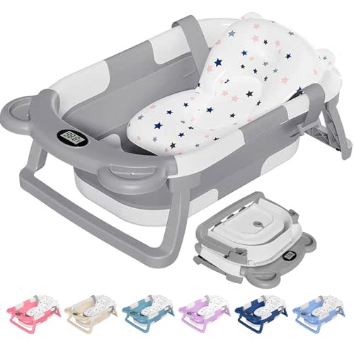 TPN Collapsible Baby Bathtub, Baby Bath Tub with Soft Cushion & Real-Time Thermometer, Baby Bathtub Infant to Toddler Tub (0-36 Months), Portable Newborn Travel Bath Tub