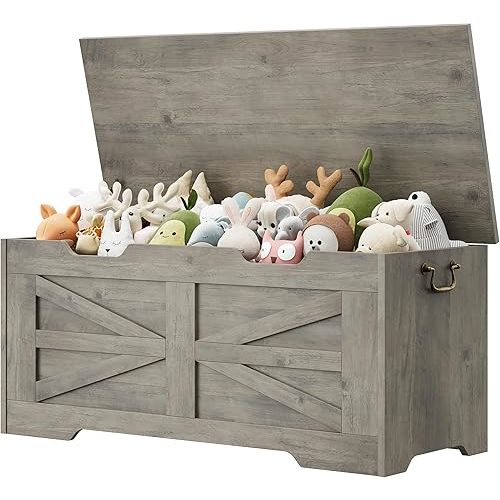IDEALHOUSE Storage Chest, 39.4" Toy Chest for Boys Girls, Kids Wood Large Toy Box, Storage Bench with Safety Hinge, Farmhouse Storage Trunk for Entryway, Living Room, Bedroom, Playroom, Greige