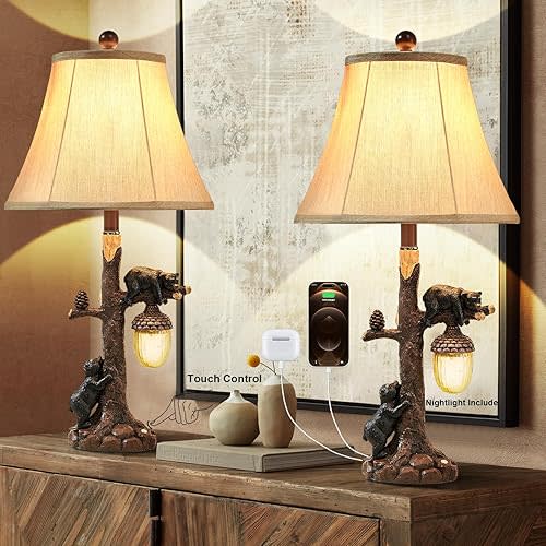 LOKHOM Rustic Western Bear Table Lamp with Nightlight Set of 2, 26“ Rustic Bedside Lamp with USB & Type C, Touch Control Natural Bears Table Lamp for Bedroom Living Room Foyer Office