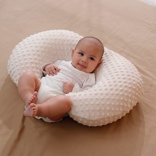 Nursing Pillow and Positioner with Minky Cover for Breastfeeding and Bottle Feeding, Propping Baby, Tummy Time, Baby Sitting Support, Awake-Time Support (Beige, 22" x 17.7" x 5.9")