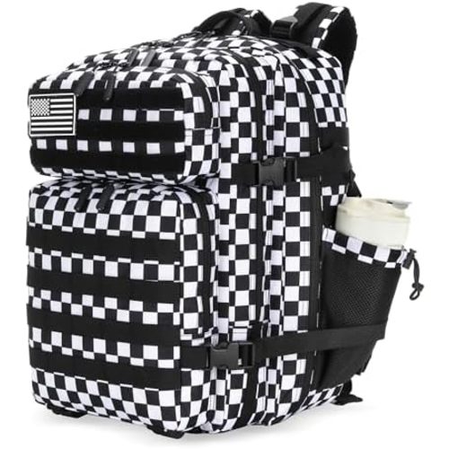 25L Tactical Military Backpack Small Travel Rucksack for Men and Women Assault Pack Bug Out Bag Molle Daypack Gym Backpack with Bottle Holder (Black White Plaid)