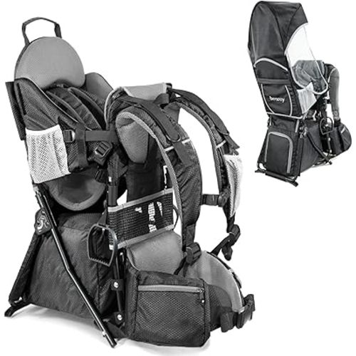 besrey Baby Backpack Carrier, Toddler Hiking Backpack with Safety 3-Height Seat, Adjustable Straps&Waist Belt, Foldable Frame Lightweight Large Capacity Child Carrier for Hiking (Black/Grey)