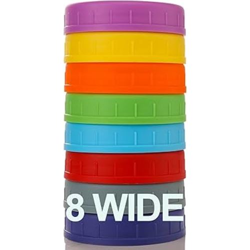 WIDE Mouth Mason Jar Lids [8 Pack] for Ball, Kerr and More - Colored Plastic Storage Caps for Mason/Canning Jars - Leak-Proof