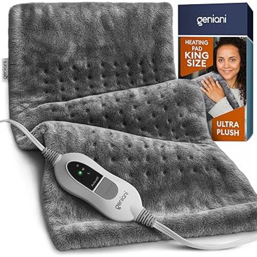 GENIANI King Size Heating Pad for Back Pain & Cramps Relief, FSA HSA Eligible, Auto Shut Off, Machine Washable, Moist Heat Pad for Neck & Shoulder, Knee, Leg, Heat Patches, Tabby Gray 12'‘×24’’