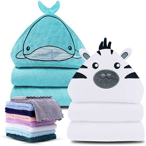 Cute Castle 2 Pack Hooded Baby Towel Rayon Made from Bamboo with 8 Washcloths - Soft Bath Towel for Bathtub for Babie, Newborn, Infant, Natural Baby Stuff Towel (Zebra and Whale)