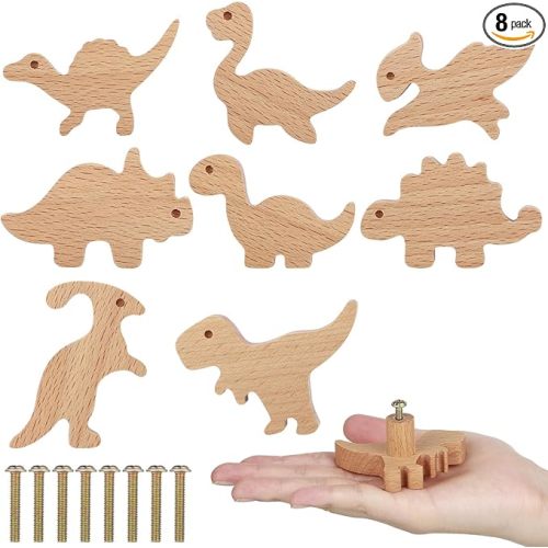 8 Pcs Wooden Animal Cabinet Knobs Wood Drawer Dresser Knobs Dino Drawer Pulls with Screws Room Handles Decor(Dinosaur Theme)