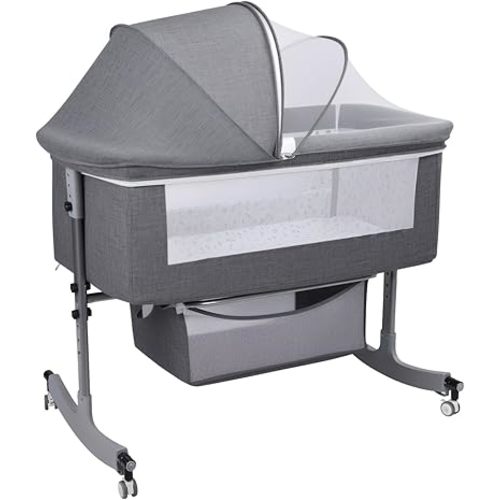 3 in 1 Baby Bassinet | Bedside Sleeper with Storage Basket and Wheels | Bedside Crib for Baby | Height Adjustable Bedside Bassinet Movable Beside Bassinet with Mosquito Net (Grey)