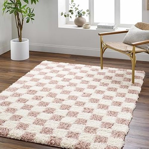Hauteloom Atira Contemporary Checkered Fluffy Shag Area Rug - Modern Geometric Carpet Tiles for Living Room, Kids Room, Nursery - Plush Pile - Pink, Cream, White - 5'3" x 7'3"