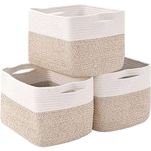 Storage Basket for Organizing | 15"x11"x9.5" Woven Baskets for Storage| Cotton Rope Storage Basket for Books | Baby Organizing Baskets | Cotton Rope Baskets for Storage |Toy Storage Basket (3 Packs)