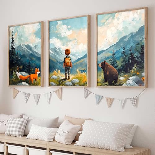 Adventure Nursery Boy Wall Art Fox And Bear Nursery Prints Canvas Animal Wall Art For Kids Room Mountain Artwork For Nursery Forest Picture Cute Child Poster Baby Nursery Painting 16x24inchx3 No Frame