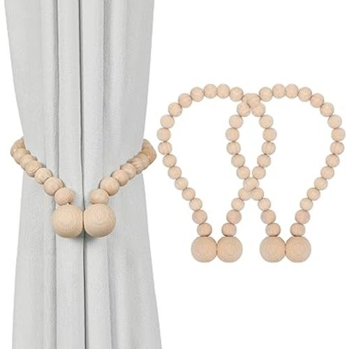 KLOGTSIND Magnetic Curtain Tiebacks, Curtain Tie Backs for Curtains 2 Pack, Wood Bead Curtain Tiebacks, Curtain Holders for Boho Bedroom Decor, Baby Nursery Decor, Farmhouse Décor