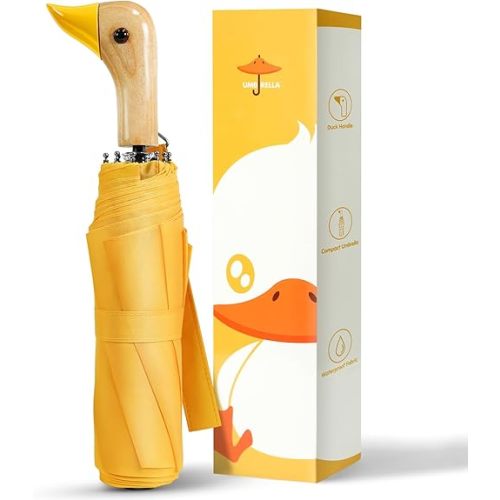 LEAGERA Compact Small Umbrellas for Rain&Sun, Cute Design Duck Head Umbrella for Girls Gifts, 8 Ribs Folding Umbrella with Wooden Handle
