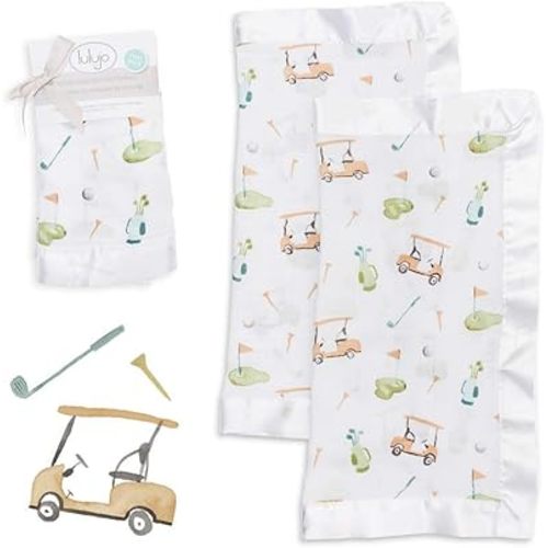 lulujo Baby Security Lovie Blankets| Unisex Softest Breathable Cotton Muslin Security Blanket with Silky Satin Trim| Neutral Comforting Blanket for Girls & Boys | 16in by 16 in| Golf