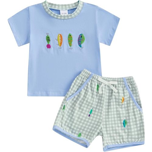 Toddler Baby Boy Summer Outfits Short Sleeve Embroidered T Shirt Tees + Striped/Plaid Shorts Infant Clothes Set