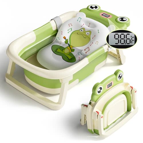 BUNWAG Collapsible Baby Bathtub,Foldable Infant Bathtub for Newborn to Toddler with Soft Cushion and Thermometer,Portable Travel Baby Bath Tub, Durable Newborn Bath Tubs with No-Slip Feet (Green)