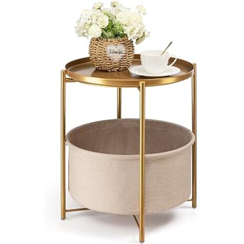 danpinera Round Side Table with Fabric Storage Basket, Metal Small Bedside Nightstand with Removable Tray Top for Living Room, Bedroom, Nursery, Laundry, Gold