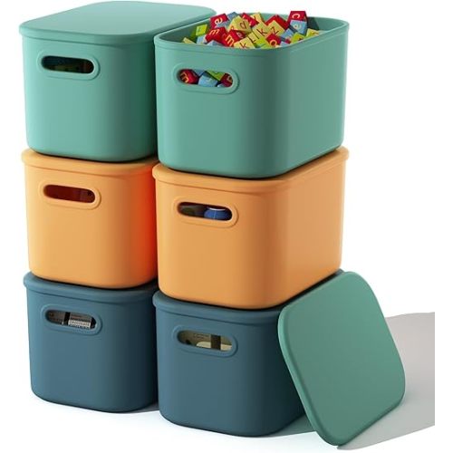 6 Pack Colorful Storage Bins with Lids Stackable Storage Container for Organizing, Storage Boxes with Handle for Shelves, Cute Storage Bin for Craft, Snacks, 9.85x6.9x5.7 inch