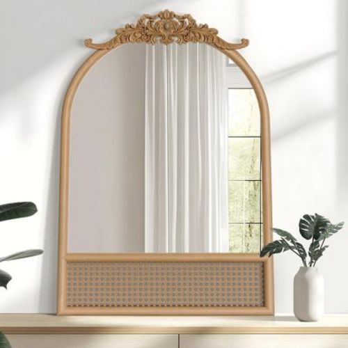 Natural Wood Base Woven Rattan Carved Arch Wall Mirror