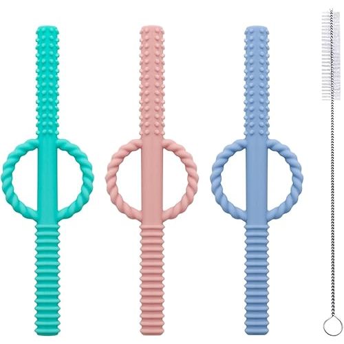 3 Pieces Teething Tubes Hollow Teether Toys with Safety Shield for Sensory Exploration and Teething Relief - Safe Chewing Tubes for Babies, Infants & Toddlers - Designed 3 Pcs-Blue&Khaki&Green