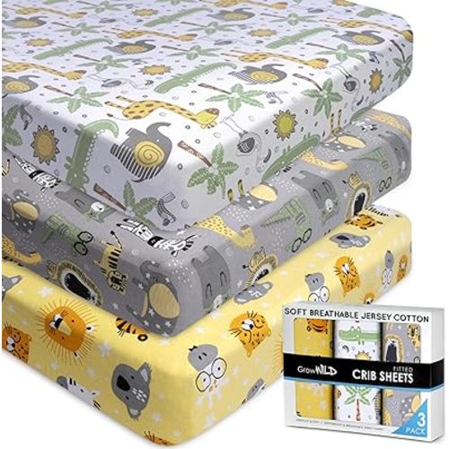 GROW WILD Safari Crib Sheets for Boys (3 Pack) - Soft Jersey Cotton Fitted Baby Crib Sheets | Cute Bed Sheets & Toddler Bed Mattress | Baby Boy Crib Bedding Set | Yellow Grey Elephant & Animals Sheet