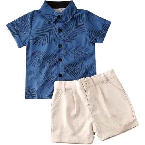fhutpw Baby Toddler Boy Outfits 2T 3T 4T 5T Clothes Summer Kids Pattern Short Sleeve Button Down Shirt & Shorts Set