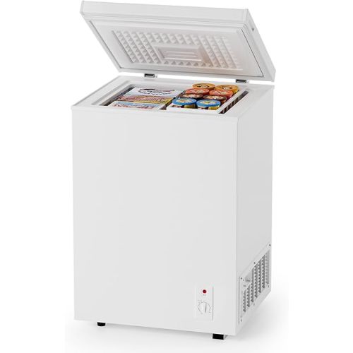 3.5 Cu.Ft Compact Chest Freezer, Energy Saving (0.36kWh/24H) & Ultra-Quiet (<40dB), with Removable Basket, 6-Temp, Manual Defrost Drain, Top Open Door Deep Freezer for Apartment, Dorm, Kitchen, White