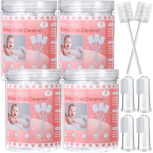 Singhoow 200 Pieces Baby Tongue Cleaner Disposable Infant Oral Cleaner with 4 Pieces Finger Toothbrush Soft Gauze Baby Mouth Newborn for Tooth Mouth Gum Dental Care(Pink)