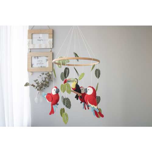 Parrot neutral nursery mobile. Hanging felt baby mobile. Crib boy decor. Tropical bird mobile. Cute new baby gift. Pregnancy present.Toucan