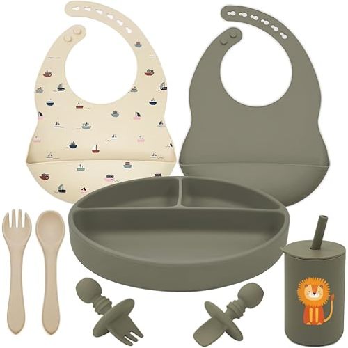 Silicone Baby Feeding Set, Baby Led Weaning Supplies, Baby Spoons Suction Divided Plate Bib Cup, First Stage Solid Food Eating Utensils - 6+ Months(Green-Beige)