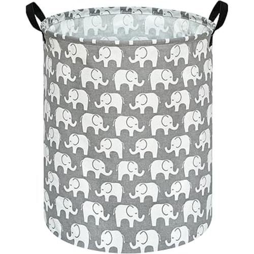 KUNRO Round Laundry Gift Basket Storage Hamper, Clothes Storage Organizer Bins, Shelf Basket with Handles for Room Decor (Elephant)