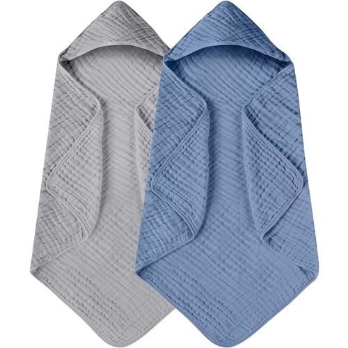 Yoofoss Hooded Baby Towels for Newborn 2 Pack 100% Muslin Organic Cotton Baby Bath Towel with Hood for Babies, Infant, Toddler and Kids, 32x32Inch, Soft and Absorbent Newborn Essential,Grey& Dark Blue