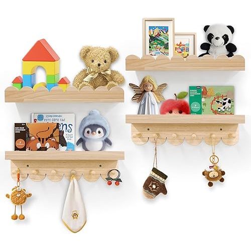 Floating Nursery Book Shelves for Wall, 16'' Wood Book Shelf for Baby Boys Girls Bedroom Bathroom and Décor Storage, Wall Shelf for Books, Plants, Toys, Photo Frames (Wooden, 4 Pack)