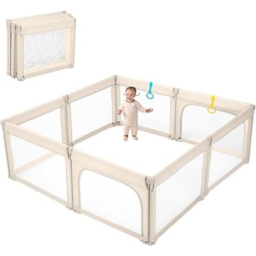 Foldable Playpen for Babies & Toddlers, Adjustable 71x79 inch, Safe & Stable with Zipper Doors, Indoors & Outdoors, Khaki
