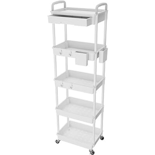 5 Tier Rolling Utility Cart with Drawer,REBECAT Utility Cart Made of Multifunctional Storage Organizer Tool for Kitchen,Bathroom,Living Room,Office(White)