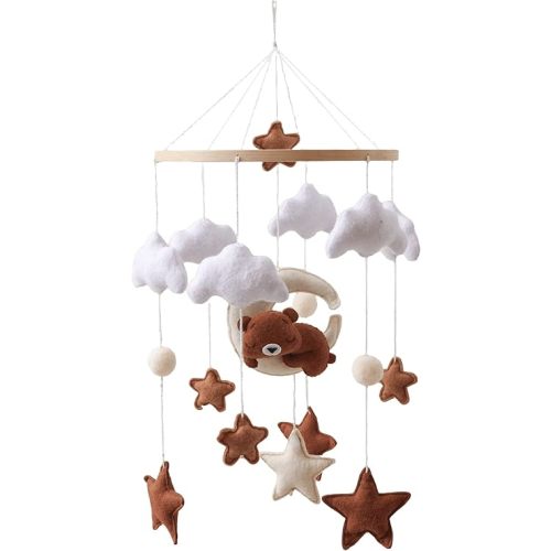 GOODMOM Baby Crib Mobile for Girls Sleeping Bear Mobile for Crib, Baby Bassinet Mobile Toy for Soothing Sleep Gender Neutral Nursery Mobile - Sun, Moon, Cloud, Bear（Pink）