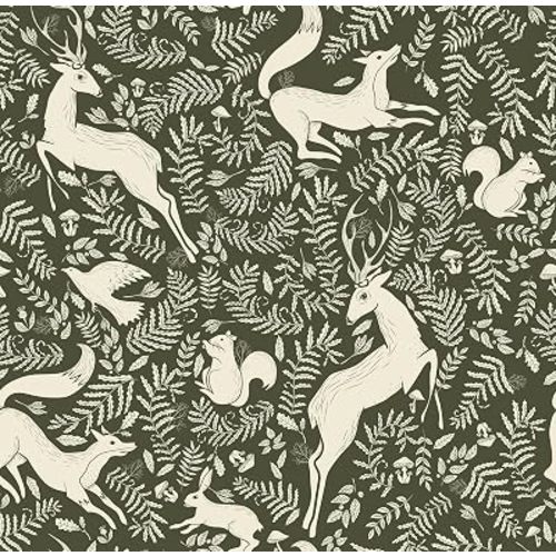 Livelynine 17.5x276 Woodland Peel and Stick Wallpaper Vintage Fox Hare Deer Squirrel Bird Sage Leaf Vintage Dark Forest Animal Wallpaper for Bedroom Nursery Kids Room Bathroom Removable Contact Paper