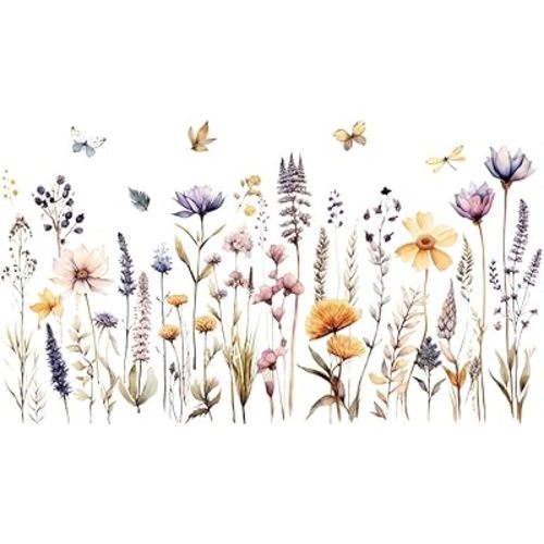 Flowers Wall Decals Wall Decor Boho Flower Stickers, Wildflower Dandelion Grass Wall Art Murals, 3D Flower Pattern Self-Adhesive Wall Stickers for Girls Bedroom Living Room Nursery Decor