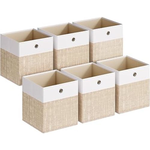 SONGMICS Storage Cubes, Set of 6 Foldable Fabric Storage Boxes, Cube Organizer Boxes with Handles, for Closet Shelves, Odorless, 10.2 x 10.2 x 11 Inches, Cloud White and Sand Beige URFB426LF02