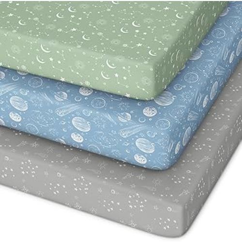 Pack and Play Sheets Fitted 3 Pack, Mini Crib Sheets for Pack N Play Mattress Stretchy Portable Playard Sheets, Soft Breathable Green Gray Constellation