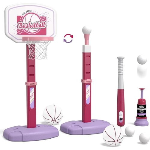 2 in 1 Kids Basketball Hoop and T Ball Set - Adjustable Height, Kids Baseball Tee with Automatic Pitching Machine, Indoor Outdoor Sport Toys Gifts for Toddler Boys Girls Age 1-5, Pink