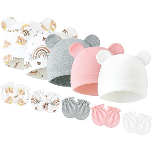 Newborn Baby Hats and Mittens Set, Cotton Infant Baby Boy Girl Bear Ears Caps and Mittens for 0-3 Months