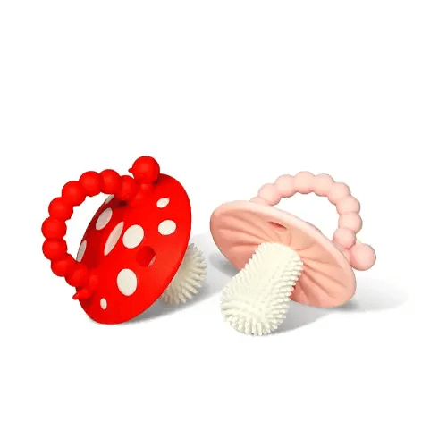RaZbaby Chompy Teether – Soft Silicone Teething Toy for Infants & Babies 3M+, Massaging Bristles for Teething Relief, Hands-Free & Easy to Hold, Sensory Development, BPA-Free – Great Gift – Red/Pink