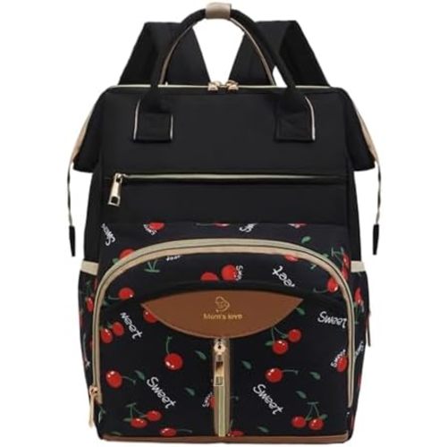 Cherry Print Diaper Bag Backpack, With Adjustable Straps, Oxford Cloth Material, Cloth Waterproof Travel Back Pack, Multi Function Nappy Bag, Multi-Pocket Design, For Dad, Mother, Father, Women,