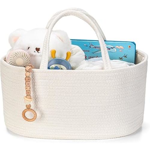 Large Diaper Caddy Organizer, Baby Storage Basket, Nursery Bin and Car Organizer for Diapers, Gift Basket for Baby Shower List or Newborn Essentials, Boys and Girls - Off White